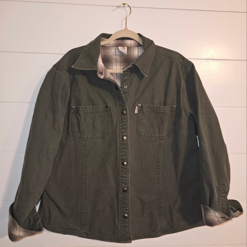 Carhartt Plaid Lined Utility Jacket Cotton Canvas Olive Snap Front Size fall